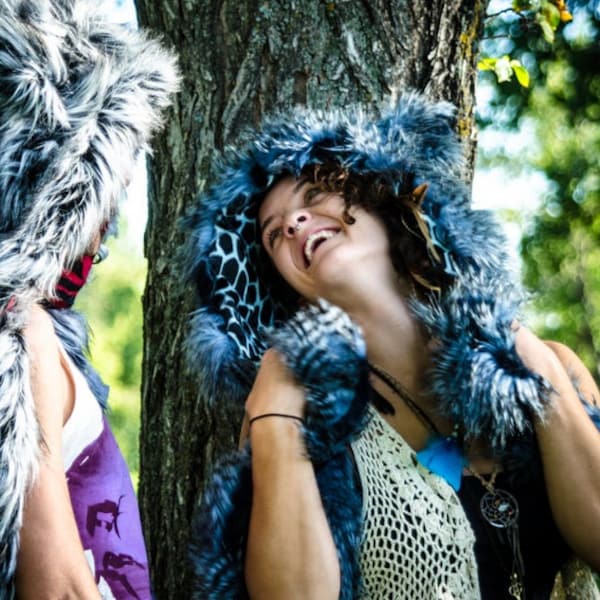 Blue Feather Bolli Bear Hood  - festival hood/ rave wear / rave/ fantasy / animal hood/ hood/ faux fur/ furry/ festival/ sale