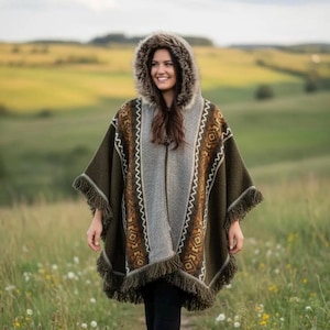 Earthy Green Wool Poncho from Ecuador with Faux Fur Hood – Handwoven Festival & Winter Wear