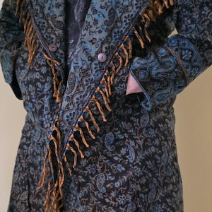 Blue Paisley Hooded Festival Coat – Acrylic Wool Wizard Cloak, Boho Fringe Jacket image 7