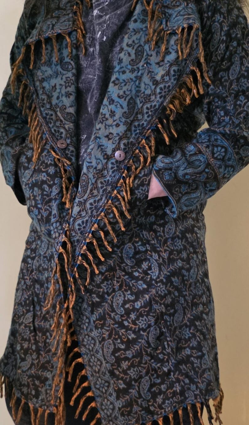 Blue Paisley Hooded Festival Coat – Acrylic Wool Wizard Cloak, Boho Fringe Jacket image 7