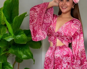 Silky Boho Festival Two Piece Set – Handmade Thai Sari Crop Top & Shorts for Summer