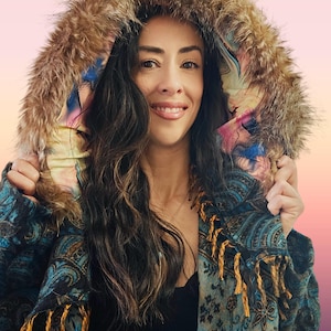 Blue Paisley Hooded Festival Coat – Acrylic Wool Wizard Cloak, Boho Fringe Jacket image 16