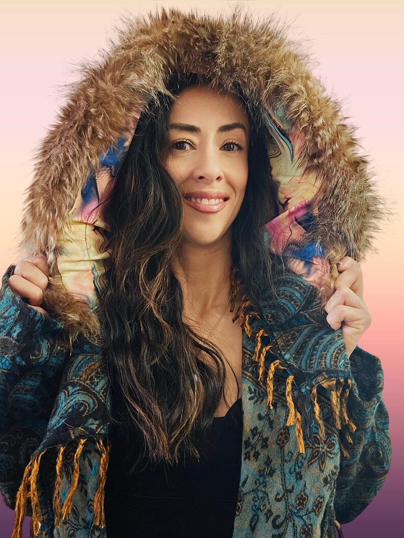 Blue Paisley Hooded Festival Coat – Acrylic Wool Wizard Cloak, Boho Fringe Jacket image 16