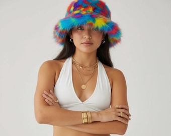 Cappello da pescatore in pelliccia sintetica arcobaleno blu – Festival Rave Headwear
