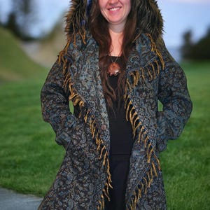 Hooded Fringe Coat -  Blue Paisley | Wizard Cloak | Blanket Coat | Hippie | Boho | Shambhala | Unisex | Wizard | Festival Coat