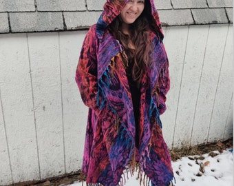 Hooded Fringe Coat - Pink Funkadelic Paisley | Comfy| Warm | Blanket Coat | Hippie | Boho | Yoga | Unisex | Fleece | Wizard | Festival