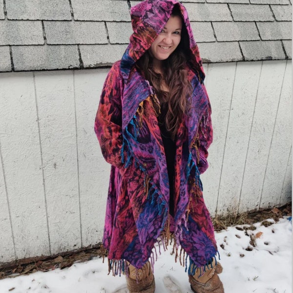 Hooded Fringe Coat - Pink Funkadelic Paisley | Comfy| Warm | Blanket Coat | Hippie | Boho | Yoga | Unisex | Fleece | Wizard | Festival