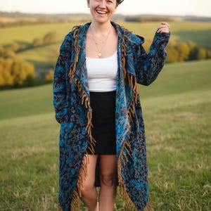 Blue Paisley Fringe Hooded Festival Coat – Boho Wizard Cloak, Rave Outerwear, Handmade Hippie Jacket