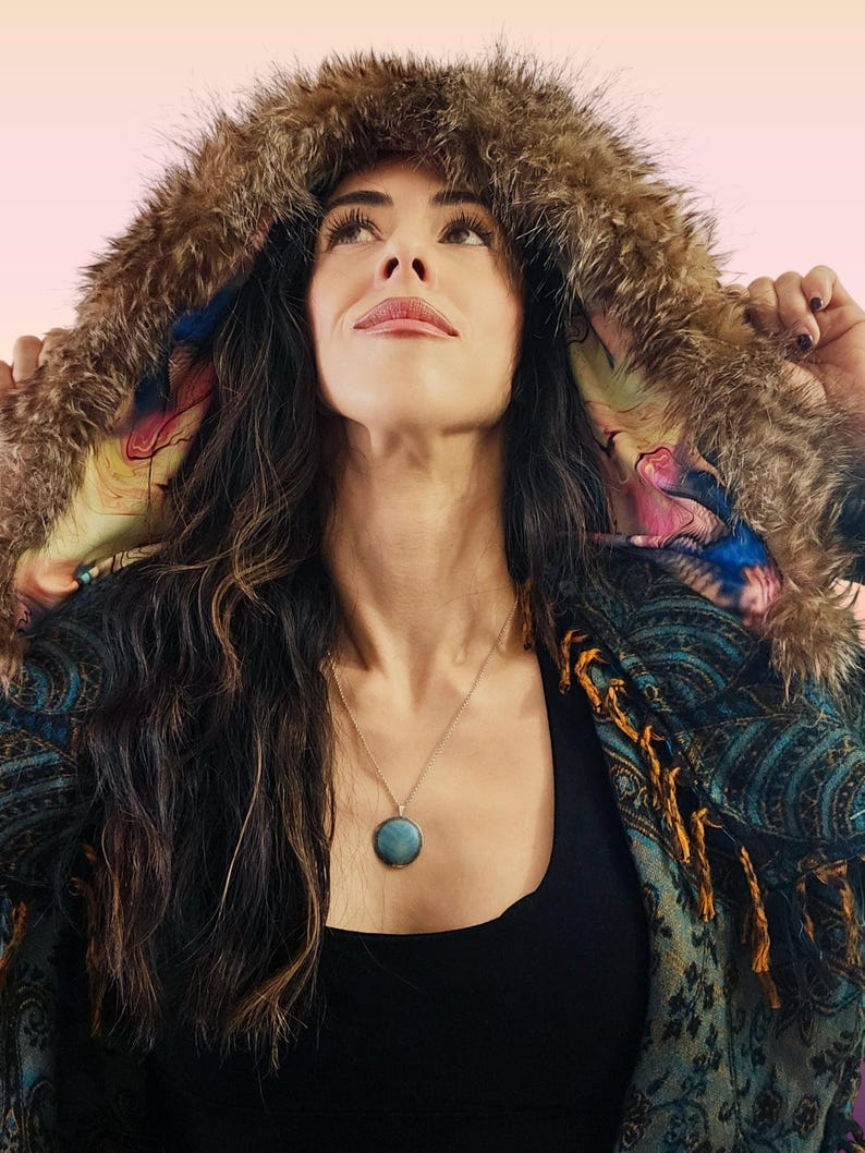 Blue Paisley Hooded Festival Coat – Acrylic Wool Wizard Cloak, Boho Fringe Jacket image 15