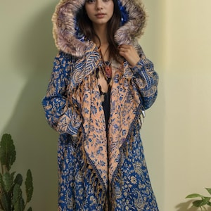 Hooded Fringe Coat - Teal Paisley | Wizard Cloak | Blanket Coat | Hippie | Boho | Shambhala | Unisex | Wizard | Festival Coat