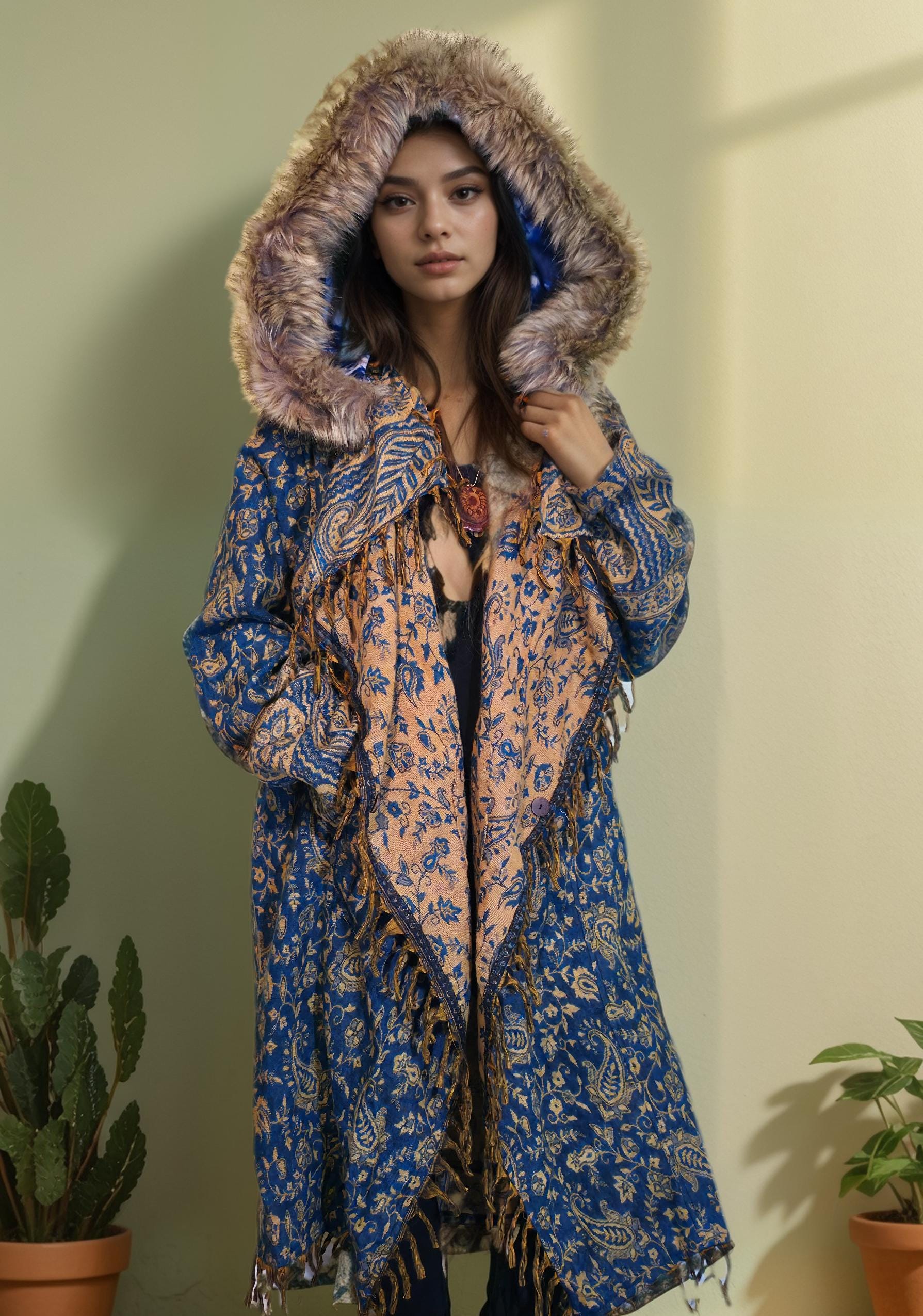 Hooded Fringe Coat - Teal Paisley | Wizard Cloak | Blanket Coat | Hippie | Boho | Shambhala | Unisex | Wizard | Festival Coat