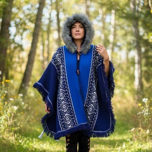 Cozy Blue Wool Poncho from Ecuador with Faux Fur Hood, Handwoven Festival & Winter Wear