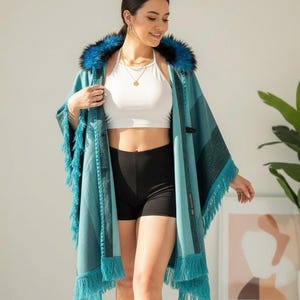 Festival Fringe Poncho Wrap with Fur Hood – Boho Rave Hooded Shawl, Burning Man Coat, Teal Wool Poncho