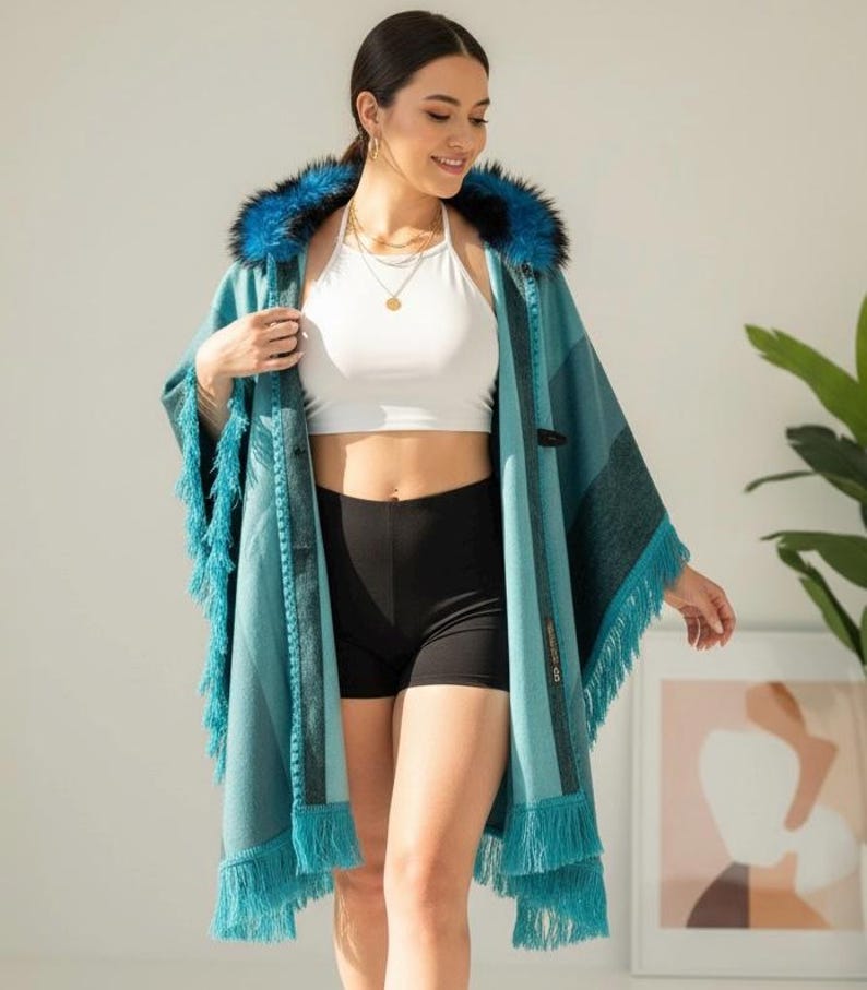 Festival Fringe Poncho Wrap with Fur Hood – Boho Rave Hooded Shawl, Burning Man Coat, Teal Wool Poncho image 1