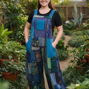 May include: Patchwork dungarees in shades of blue, green, and purple. The dungarees have a bib pocket and side pockets. The person in the image is wearing a black t-shirt and a grey beanie. The background is a garden with plants and a wooden fence.