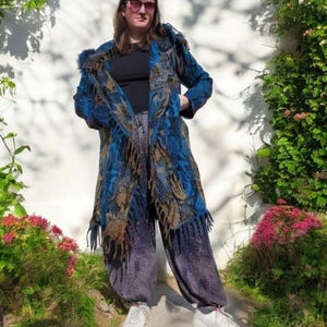 Hooded Fringe Coat - Blue With Mushroom Hood | Wizard Cloak | Blanket Coat | Hippie | Boho | Shambhala | Unisex | Wizard | Festival Coat