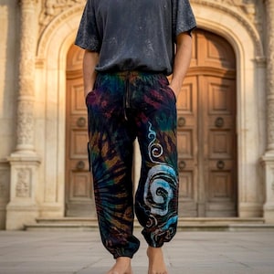 May include: A pair of loose-fitting trousers featuring a dark tie-dye pattern in shades of black, blue, and brown. The pants include an elasticized waistband with a drawstring and a prominent white spiral graphic design on the lower left leg.