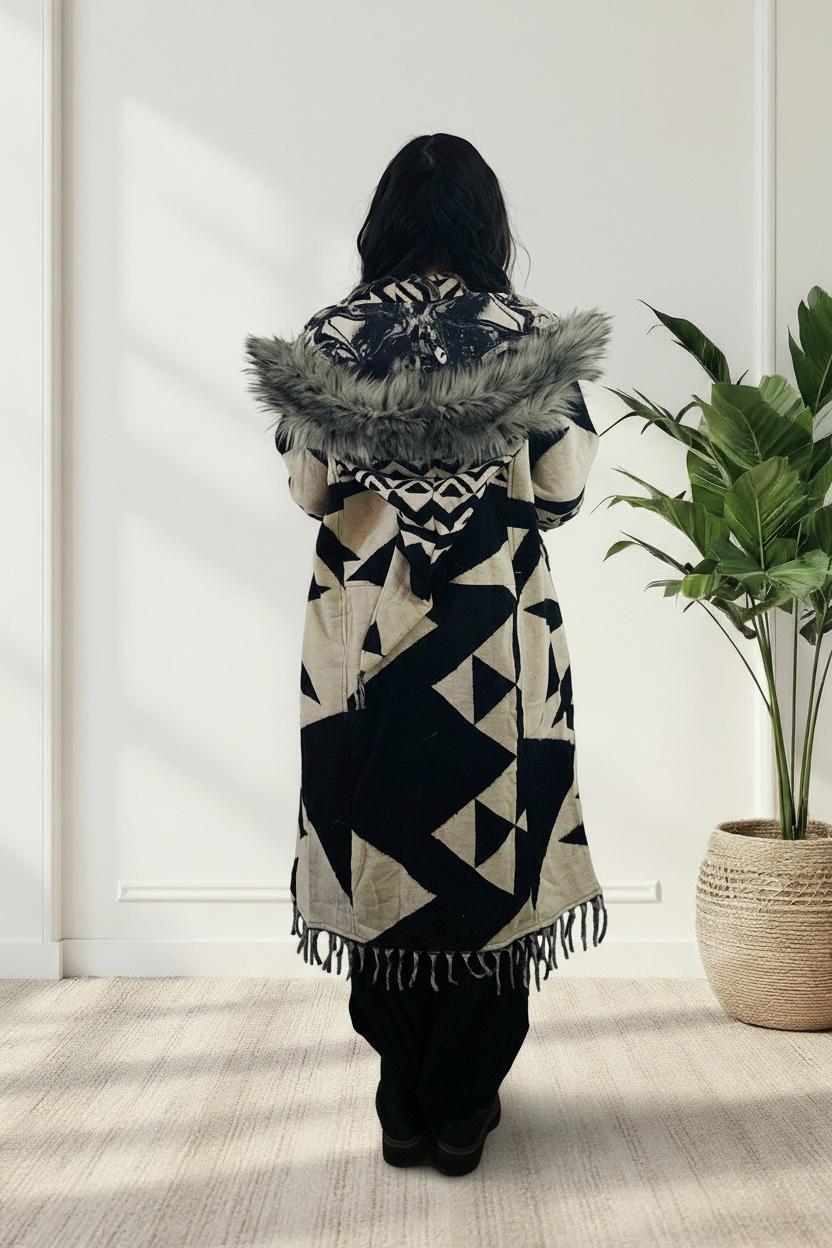 Hooded Fringe Coat, Aztek Blanket Cloak, Geometric Shambhala Festival ...