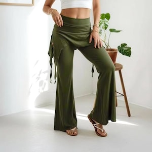グリーンフェアリーフレアパンツ – ボヘミアンフェスティバルヨガレーヨンベルボトム、ヒッピー女神衣装、ワイドレッグトラウザー