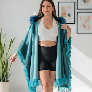 Festival Fringe Poncho Wrap with Fur Hood – Boho Rave Hooded Shawl, Burning Man Coat, Teal Wool Poncho image 2