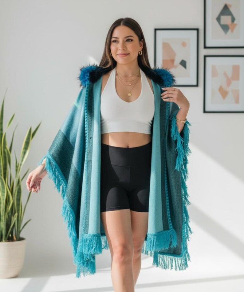 Festival Fringe Poncho Wrap with Fur Hood – Boho Rave Hooded Shawl, Burning Man Coat, Teal Wool Poncho image 2