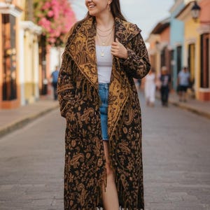 Hooded Fringe Festival Coat: Black & Gold Paisley, Jumbo Hood