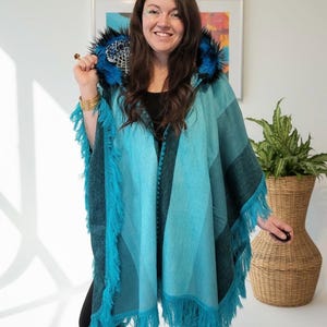 Festival Fringe Poncho Wrap with Fur Hood – Boho Rave Hooded Shawl, Burning Man Coat, Teal Wool Poncho image 5