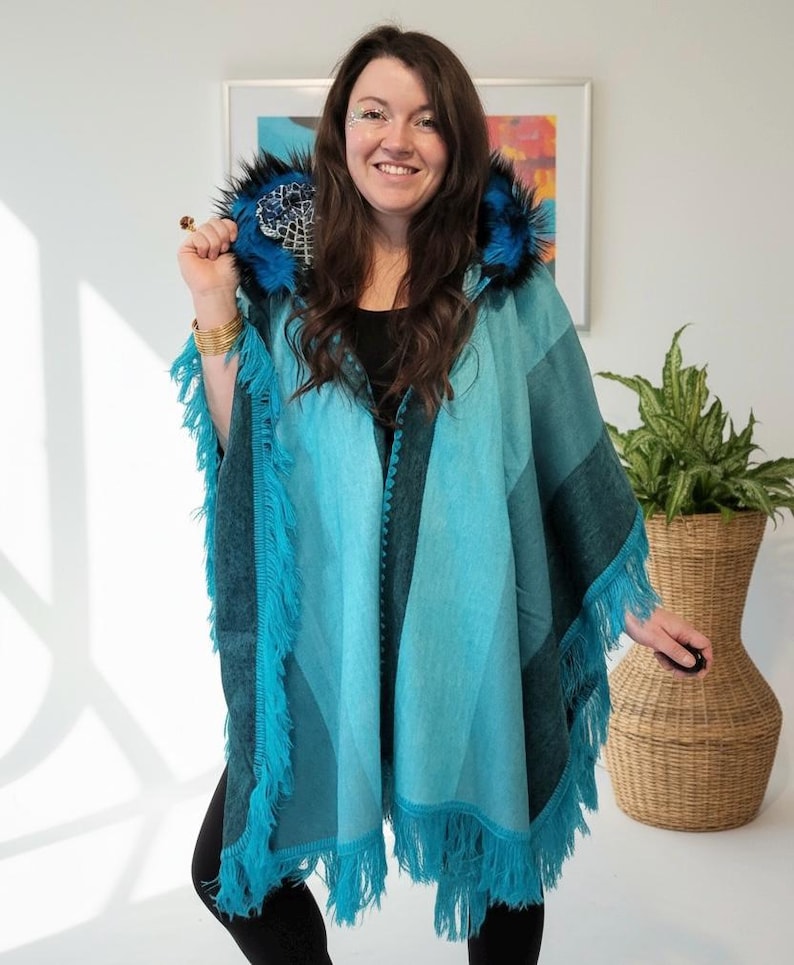 Festival Fringe Poncho Wrap with Fur Hood – Boho Rave Hooded Shawl, Burning Man Coat, Teal Wool Poncho image 5