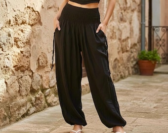 Harem Pants with Pockets, Boho Festival Trousers, Smocked Waist Lounge Pants, Unisex Black