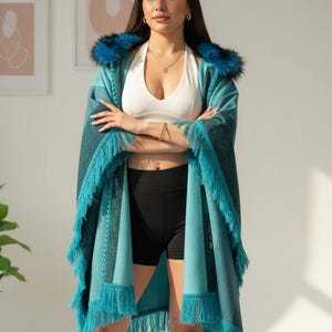 Festival Fringe Poncho Wrap with Fur Hood – Boho Rave Hooded Shawl, Burning Man Coat, Teal Wool Poncho image 4