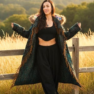 Blue Paisley Hooded Festival Coat – Acrylic Wool Wizard Cloak, Boho Fringe Jacket image 11