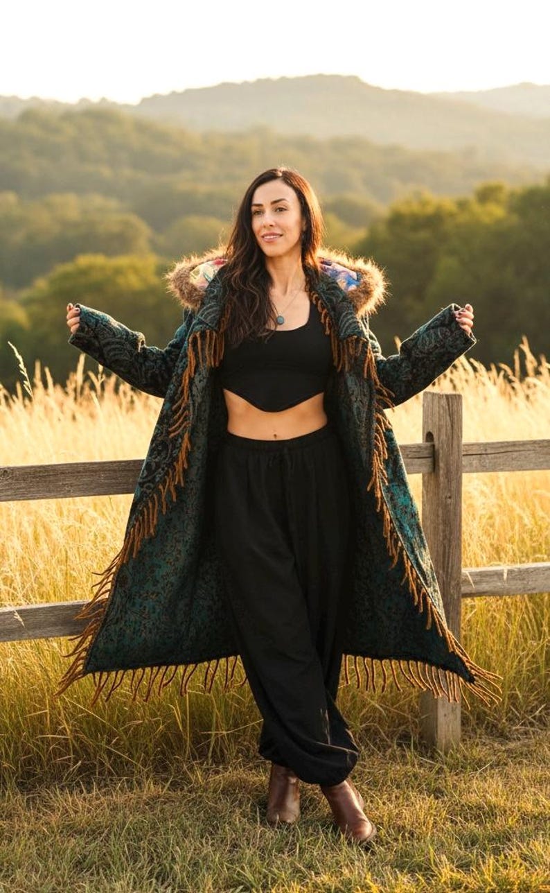 Blue Paisley Hooded Festival Coat – Acrylic Wool Wizard Cloak, Boho Fringe Jacket image 11