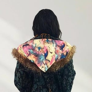 Blue Paisley Hooded Festival Coat – Acrylic Wool Wizard Cloak, Boho Fringe Jacket image 6