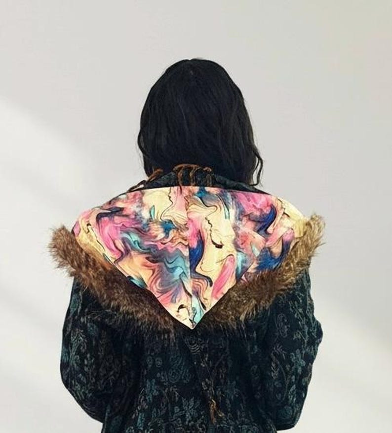 Blue Paisley Hooded Festival Coat – Acrylic Wool Wizard Cloak, Boho Fringe Jacket image 6