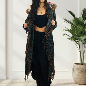 Blue Paisley Hooded Festival Coat – Acrylic Wool Wizard Cloak, Boho Fringe Jacket image 2