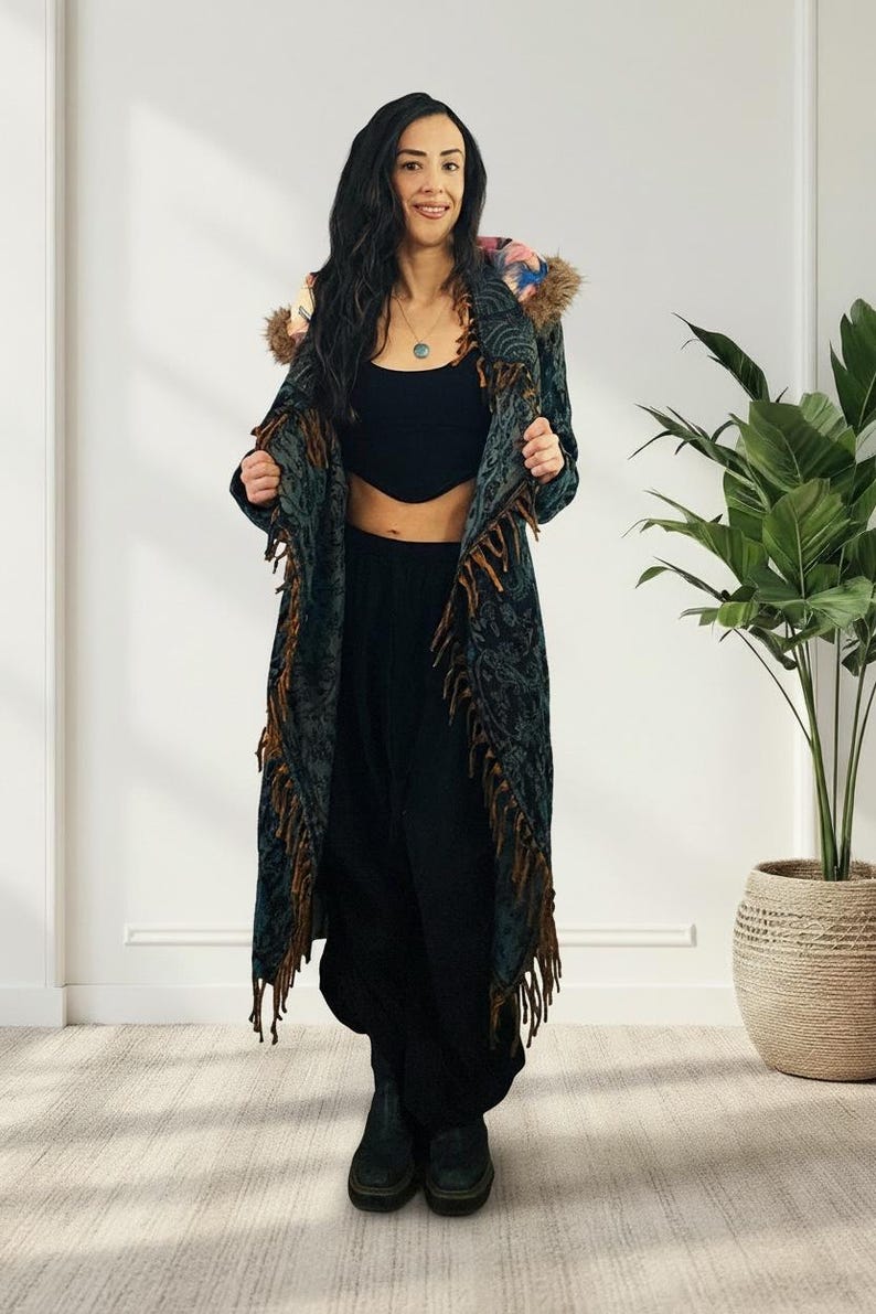 Blue Paisley Hooded Festival Coat – Acrylic Wool Wizard Cloak, Boho Fringe Jacket image 2