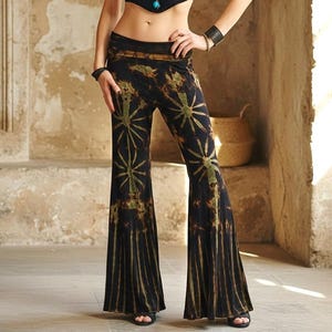 Split Hem Tie Dye Flare Pants – High Waist Boho Bell Bottoms with Side Slits, Black, Rust