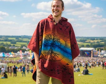 Tree of Life Warm Festival Poncho - Cozy Boho Hooded Cloak, Unisex Hippie Blanket Shawl, Ecuadorian Sacred Geometry Cape - Red