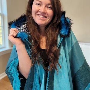 Festival Fringe Poncho Wrap with Fur Hood – Boho Rave Hooded Shawl, Burning Man Coat, Teal Wool Poncho image 3