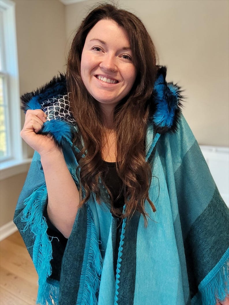 Festival Fringe Poncho Wrap with Fur Hood – Boho Rave Hooded Shawl, Burning Man Coat, Teal Wool Poncho image 3