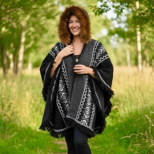 Handwoven Wool Poncho, Black & Gray Faux Fur Hood, Festival Winter Wear