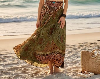 Coconut Thai Rayon Skirt Dress Boho Beach Wrap Skirt Lightweight Festival Clothing