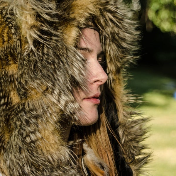 Biege Feather Bolli Bear Hood  - festival hood/ rave wear / rave/ fantasy / animal hood/ hood/ faux fur/ furry/ festival/ sale