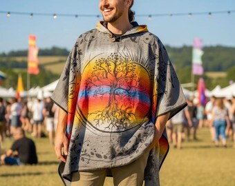 Poncho del Festival del Árbol de la Vida / Poncho cálido de lana acrílica / Capa unisex estilo boho ecuatoriano