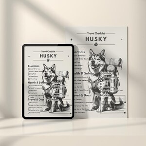 Puede incluir: Una lista de viaje para Husky en blanco y negro mostrada en la pantalla de una tableta y una hoja de papel a juego. El diseño presenta una ilustración detallada de un perro Husky con mochila, junto a listas categorizadas de artículos esenciales.
