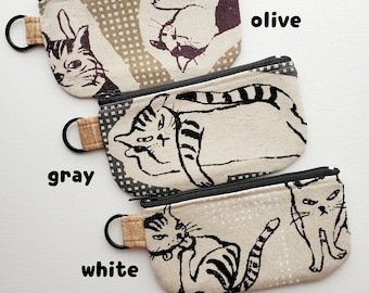 Flat pouch with a key ring - 5" zipper, lazy cat print