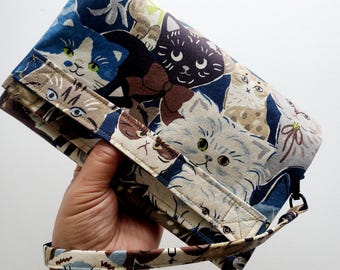 Kokka Fabric Clutch Bag: Fancy Cats Print, Wristlet Strap