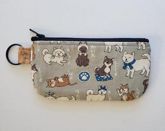 Flat pouch with a key ring - 5" zipper, Japanese dogs