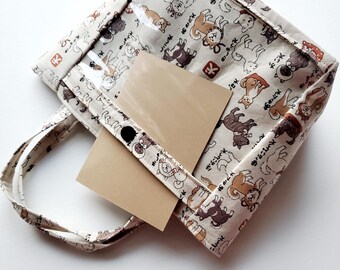 Mini tote bag with a clear pocket - Japanese dogs, beige