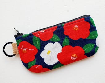 Flat pouch with a key ring - 5" zipper, TSUBAKI Japanese camellia print